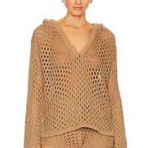 MISA Shamani Hoodie in Mocha Open Knit V-Neck Sweater Hoodie in Camel Medium